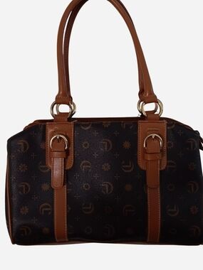 Dark Brown Patterned Shoulder Satchel with Tan Trim
